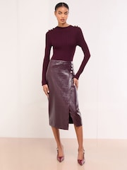 Lipsy Burgundy Red Petite Faux Leather 2-In-1 Crew Neck Long Sleeve Knitted Midi Dress - Image 1 of 4