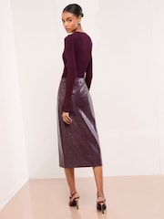 Lipsy Burgundy Red Petite Faux Leather 2-In-1 Crew Neck Long Sleeve Knitted Midi Dress - Image 2 of 4