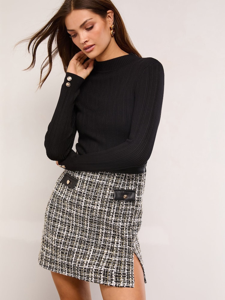 Lipsy Black Boucle Check 2-In-1 Crew Neck Long Sleeve Knitted Mini Dress - Image 1 of 4 Lipsy Black Boucle Check 2-In-1 Crew Neck Long Sleeve Knitted Mini Dress - Image 1 of 4