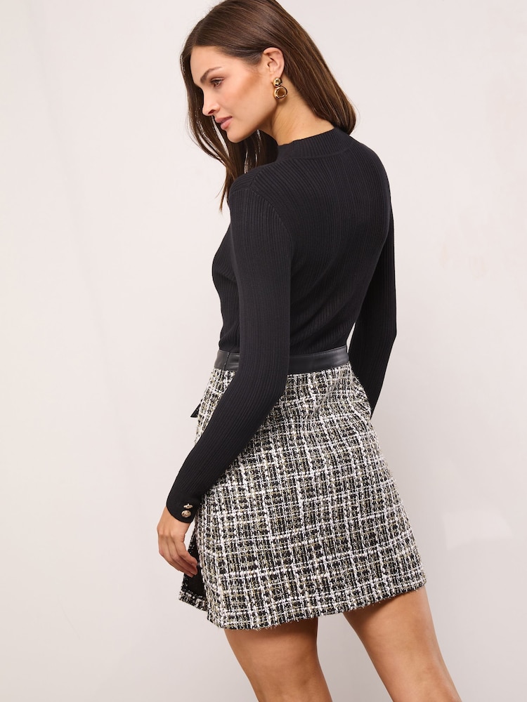 Lipsy Black Boucle Check 2-In-1 Crew Neck Long Sleeve Knitted Mini Dress - Image 4 of 4 Lipsy Black Boucle Check 2-In-1 Crew Neck Long Sleeve Knitted Mini Dress - Image 4 of 4