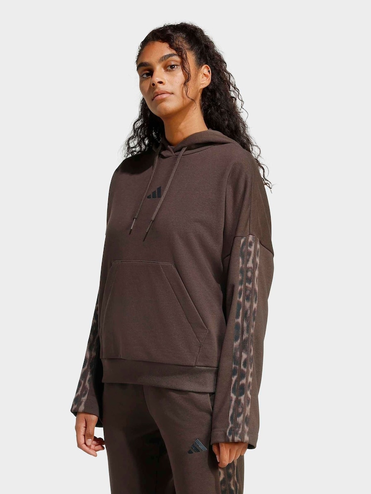adidas Brown Seasonal Essentials Leopard Print French Terry Hoodie With 3-Stripes - Image 1 of 6