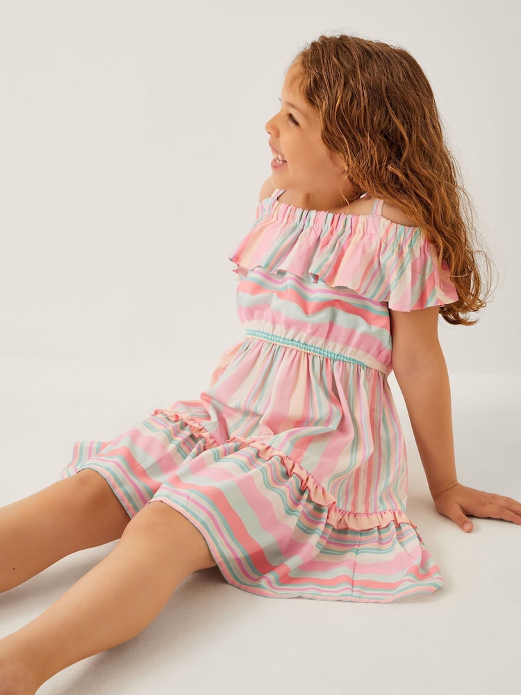 Monsoon Pink Stripe Woven Ruffle Dress - Image 1 of 4