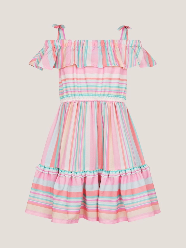 Monsoon Pink Stripe Woven Ruffle Dress - Image 2 of 4