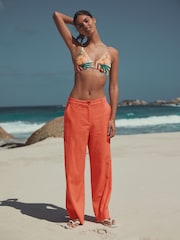 Coral Pink Smart Front Linen Blend Wide Leg Trousers - Image 4 of 9