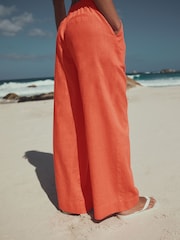 Coral Pink Smart Front Linen Blend Wide Leg Trousers - Image 5 of 9