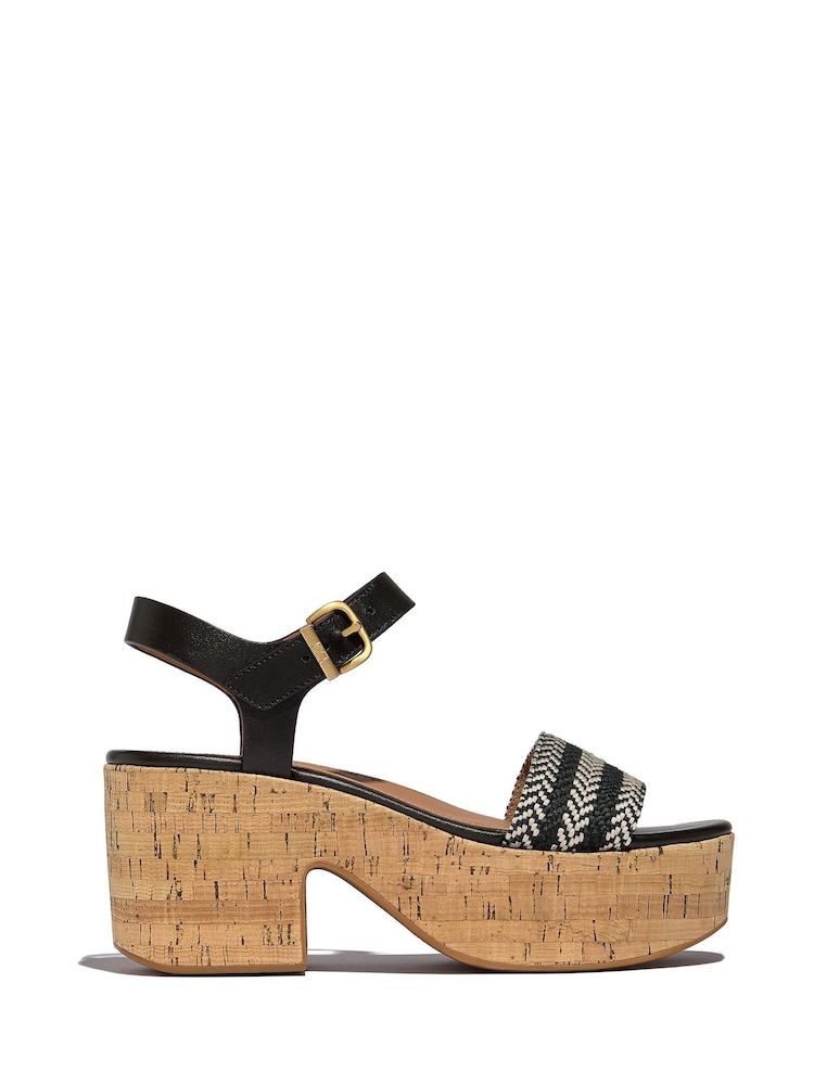 FitFlop Platfforms V-Weave Leather Heeled Black Sandals - Image 2 of 5