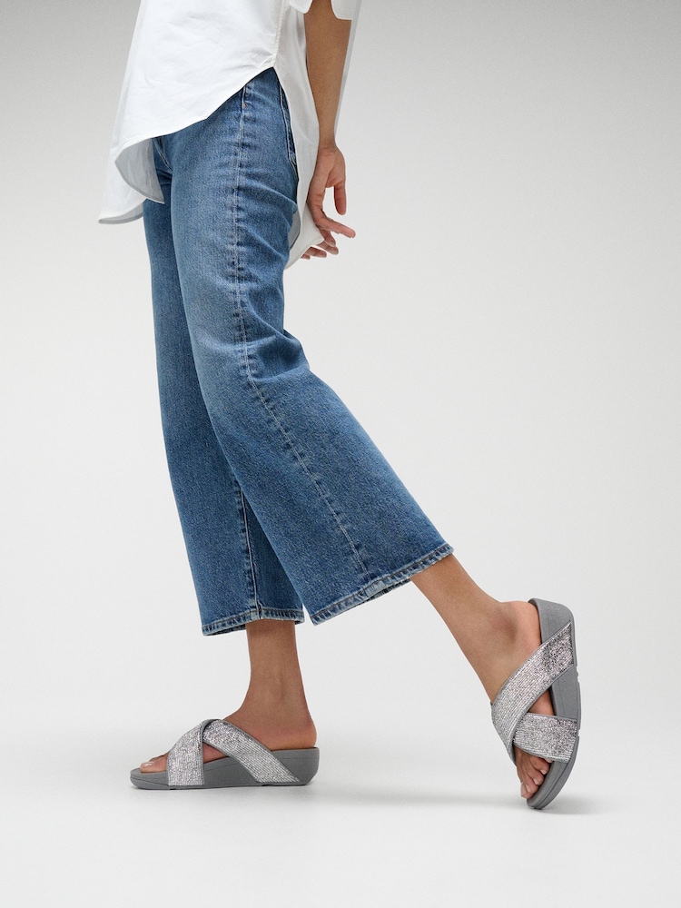 FitFlop Silver Lulu Crinkled-Shimmer Cross Slides - Image 1 of 5