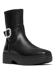 FitFlop F-Luma Crystal Buckle Leather Short Black Boots - Image 2 of 4