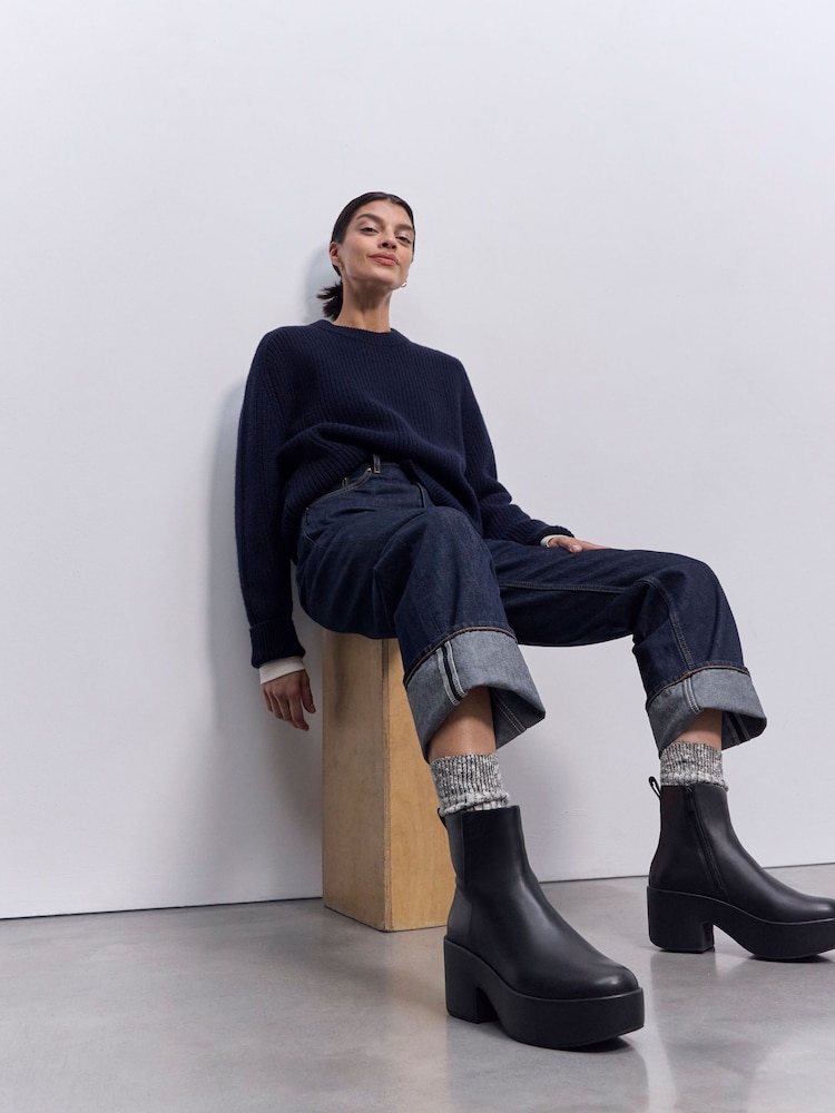 FitFlop Platforms Leather Heeled Ankle Black Boots - Image 1 of 7
