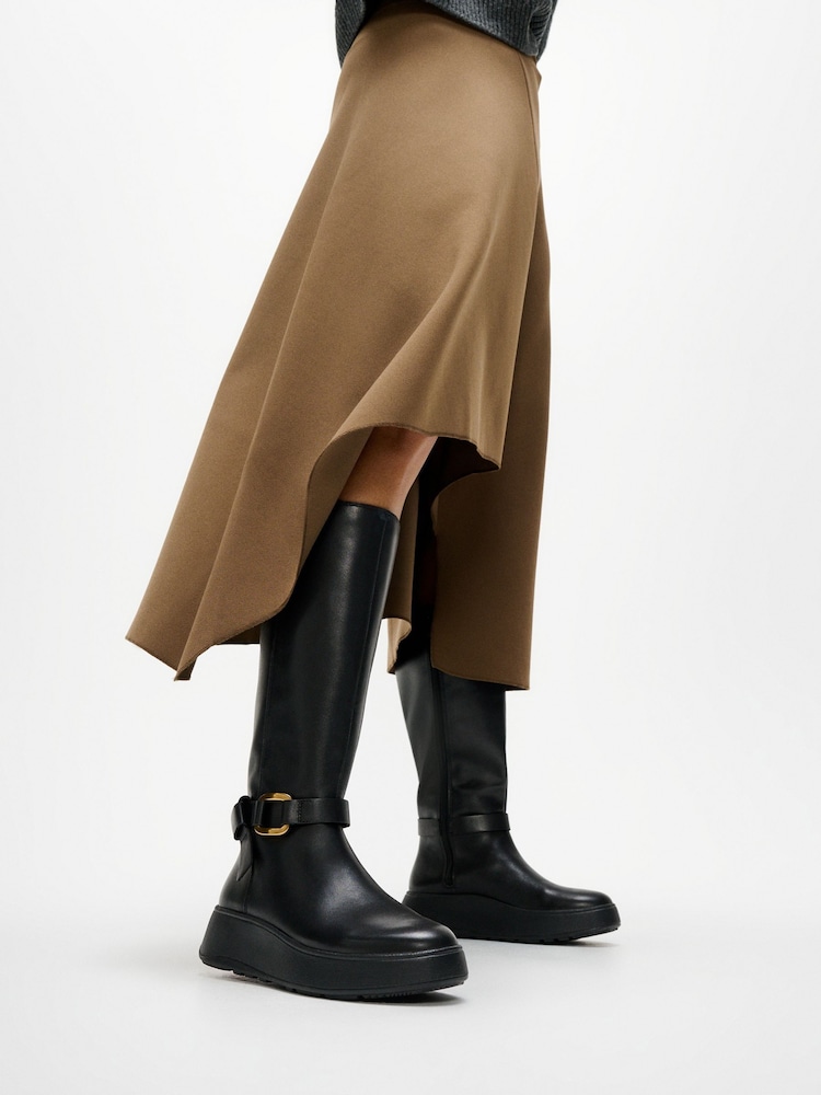 FitFlop F-Mode Square Ring Leather Flatform Tall Black Boots - Image 1 of 5