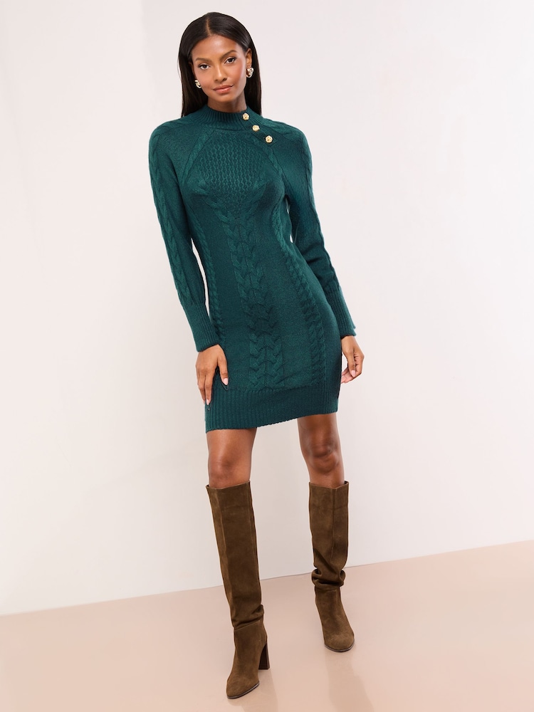 Lipsy Dark Green Buttoned Roll Neck Cable Knit Cosy Mini Dress - Image 1 of 5