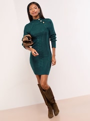 Lipsy Dark Green Buttoned Roll Neck Cable Knit Cosy Mini Dress - Image 2 of 5
