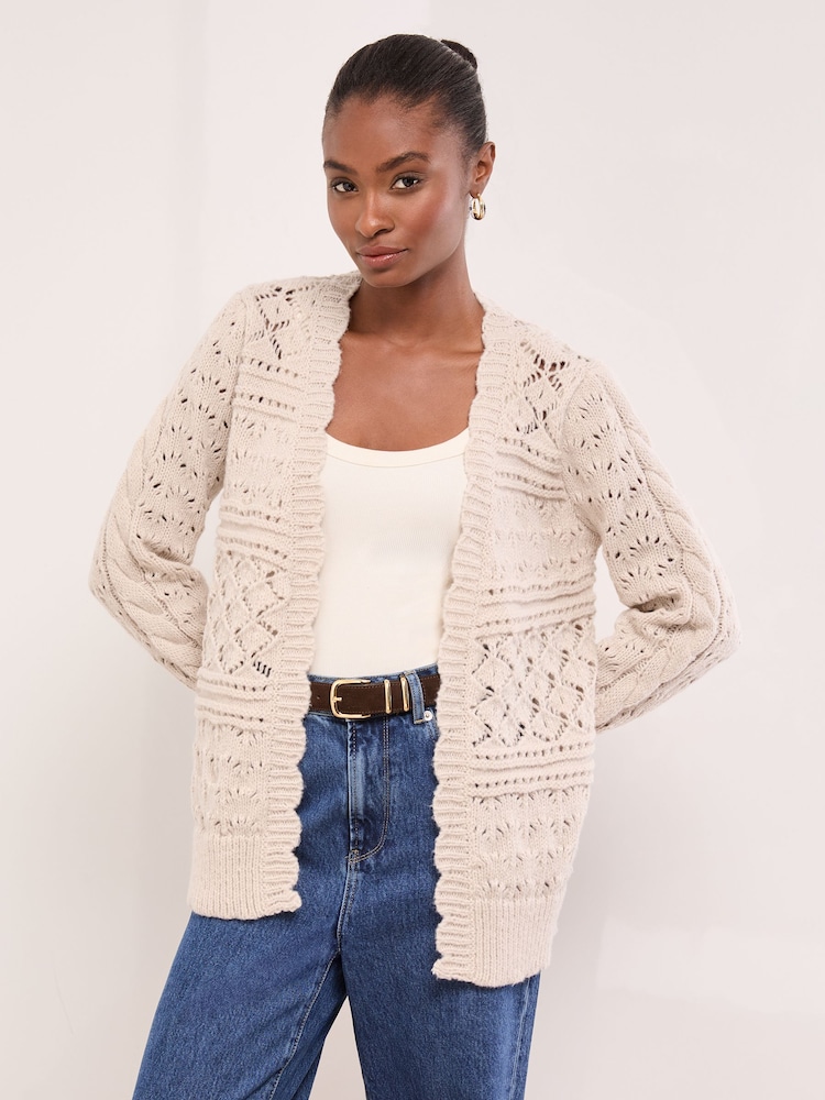 Lipsy Neutral Scallop Pointelle Stitch Longline Knit Cardigan - Image 1 of 4 Lipsy Neutral Scallop Pointelle Stitch Longline Knit Cardigan - Image 1 of 4