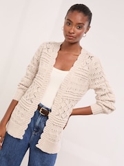 Lipsy Neutral Scallop Pointelle Stitch Longline Knit Cardigan - Image 2 of 4