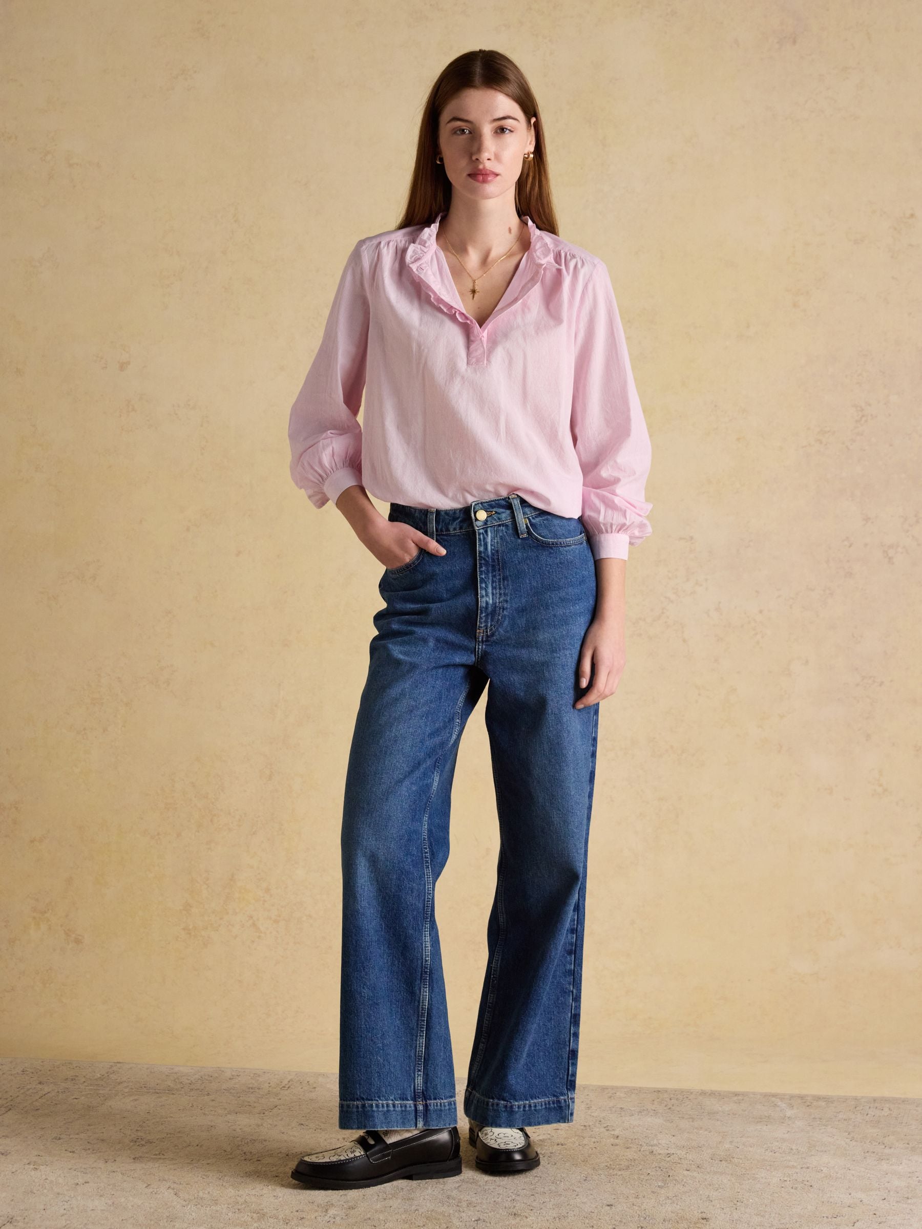 Buy Joules Melanie Pink Long Sleeve Blouse with Ruffle Neck from