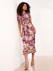 Lipsy Burgundy Red Jersey Short Sleeve Mixed Print Ruched Midi Dress - Image 1 of 4