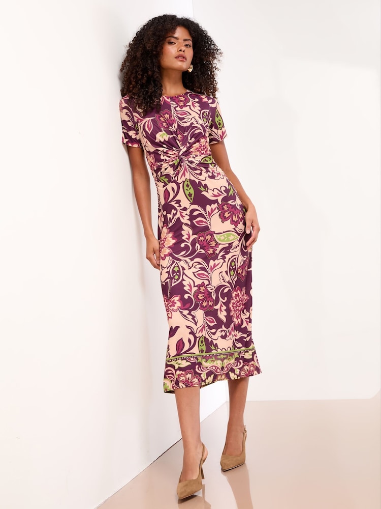 Lipsy Burgundy Red Jersey Short Sleeve Mixed Print Ruched Midi Dress - Image 1 of 4