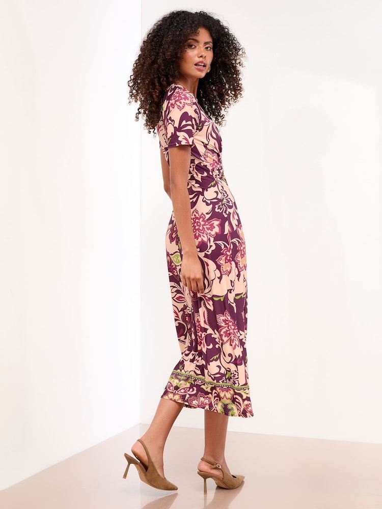 Lipsy Burgundy Red Jersey Short Sleeve Mixed Print Ruched Midi Dress - Image 2 of 4