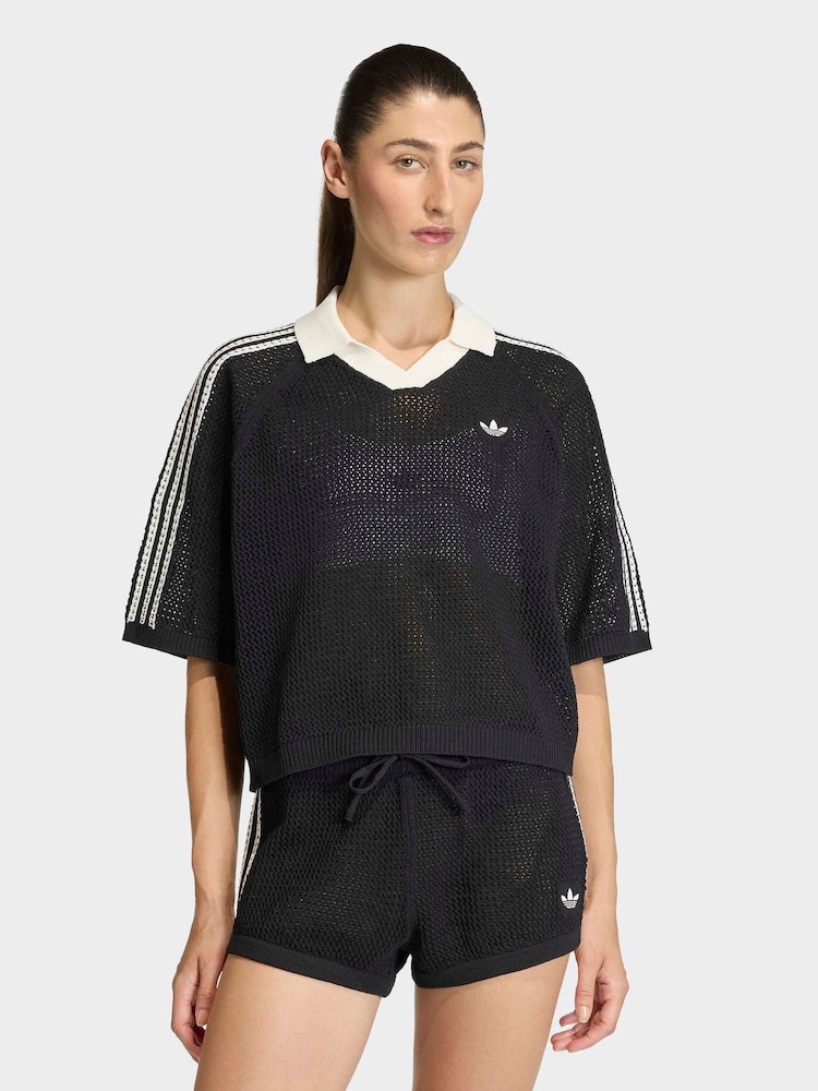 adidas originals Black Knitted Crochet Polo Shirt - Image 1 of 6