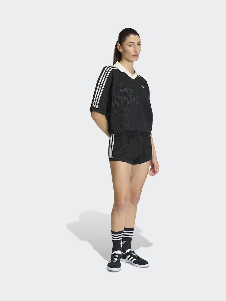 adidas originals Black Knitted Crochet Polo Shirt - Image 2 of 6