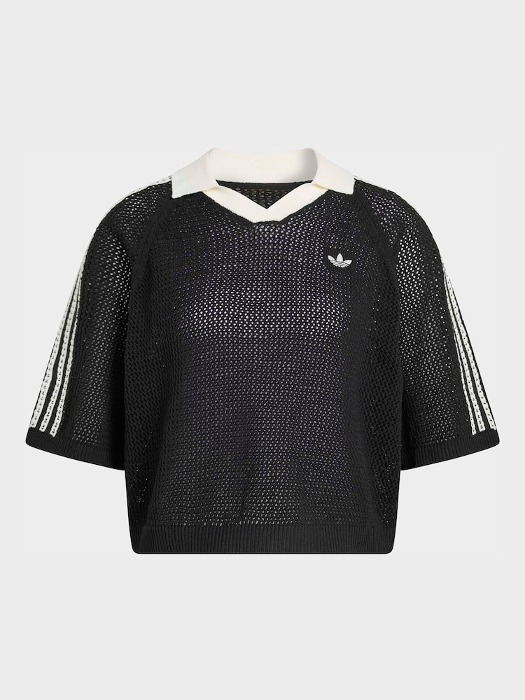 adidas originals Black Knitted Crochet Polo Shirt - Image 6 of 6