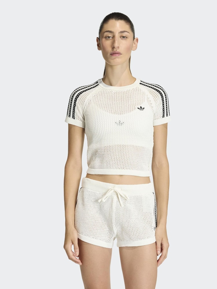 adidas Originals White Crochet Knit T-Shirt - Image 1 of 10