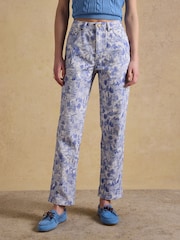 Joules Blue & White Blue Toile Print Straight Fit Slim Mid Rise Jeans - Image 1 of 7