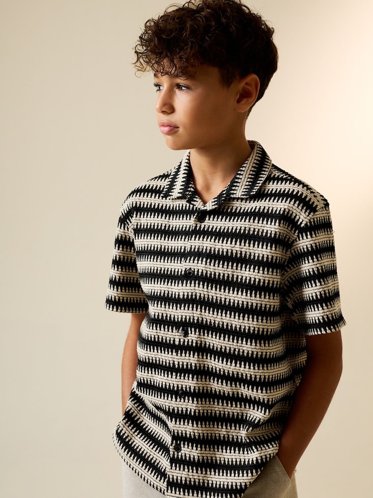Black/Ecru Short Sleeve Textured Stripe Revere Shirt (3-16yrs) - Image 1 of 3