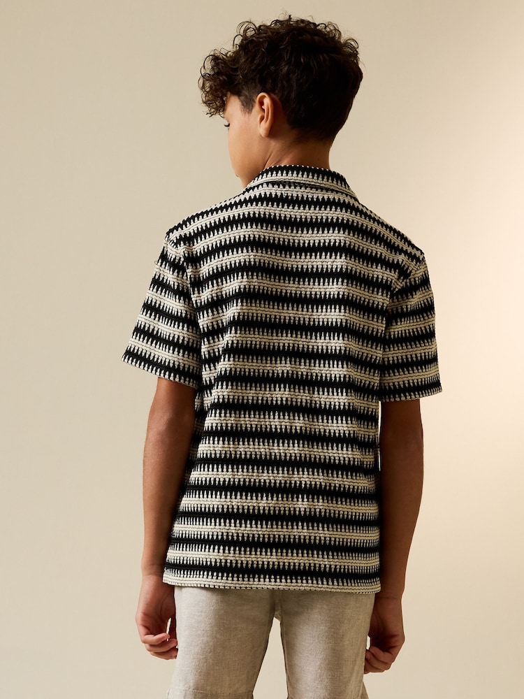 Black/Ecru Short Sleeve Textured Stripe Revere Shirt (3-16yrs) - Image 2 of 3