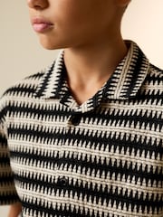 Black/Ecru Short Sleeve Textured Stripe Revere Shirt (3-16yrs) - Image 3 of 3