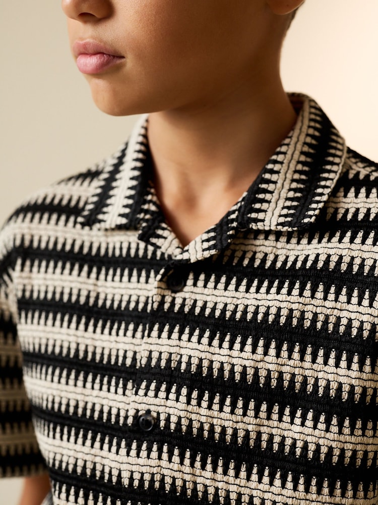 Black/Ecru Short Sleeve Textured Stripe Revere Shirt (3-16yrs) - Image 3 of 3