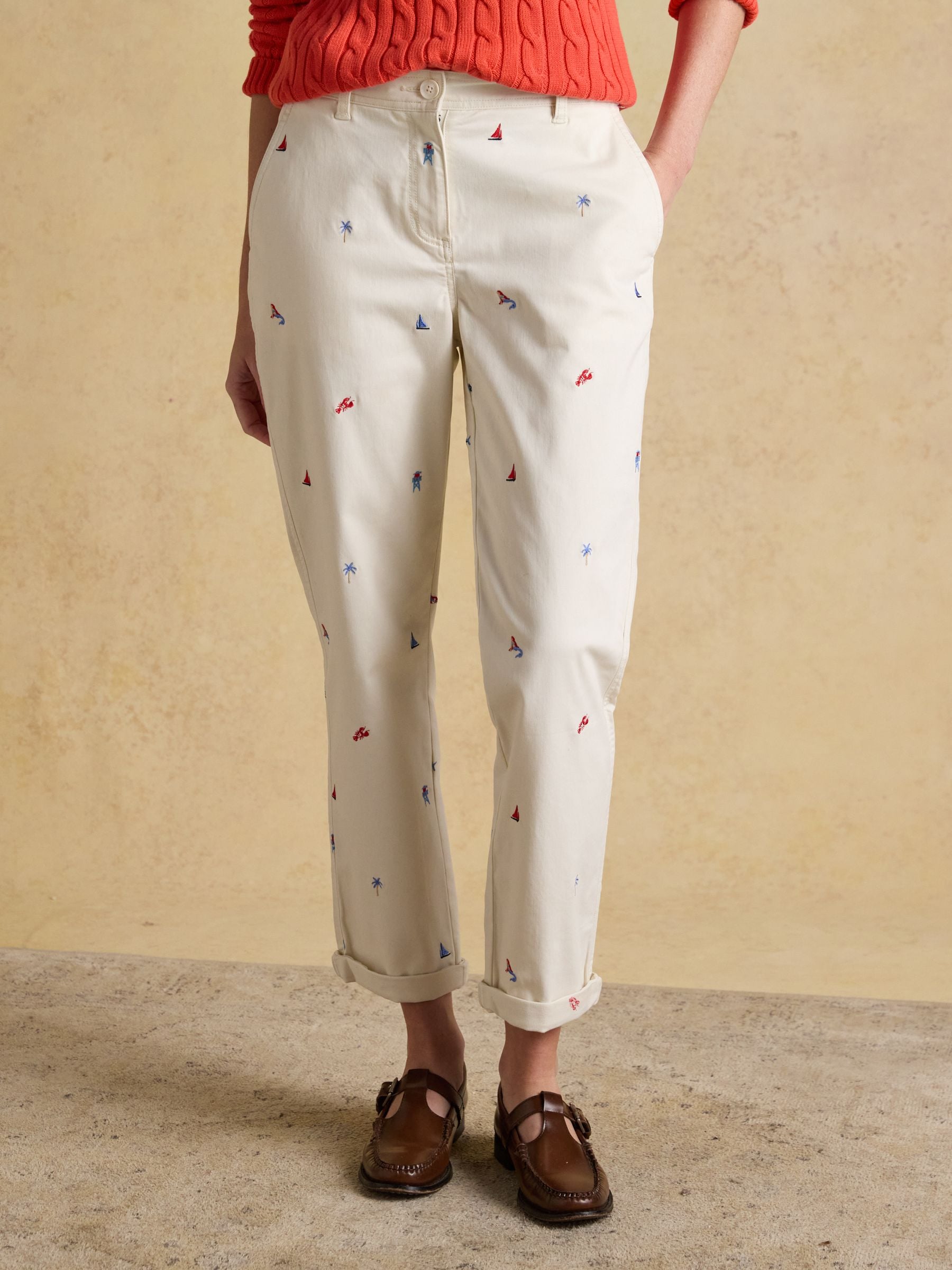 Joules Women's Cream Embroidered Slim Fit Chino Trousers With Elasticated Waist Size 22