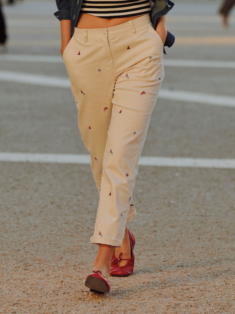 Joules Cream Embroidered Slim Fit Chino Trousers with Elasticated Waist - Image 1 of 11