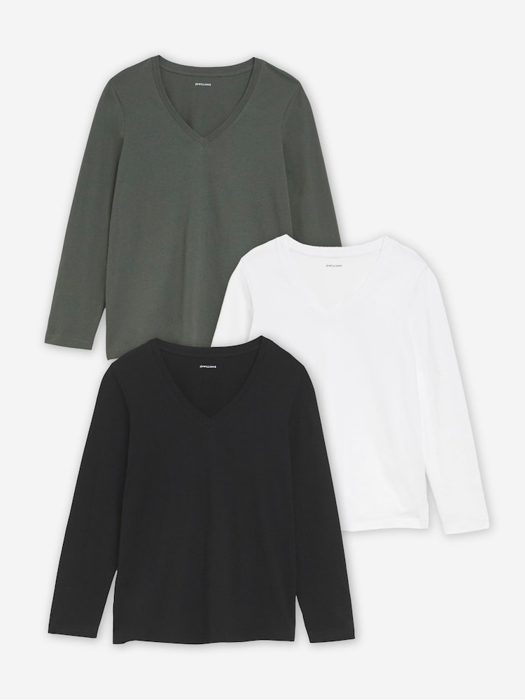 JD Williams White/ Khaki /Black 3 Pack V-Neck Long Sleeve Tops - Image 1 of 4 JD Williams White/ Khaki /Black 3 Pack V-Neck Long Sleeve Tops - Image 1 of 4