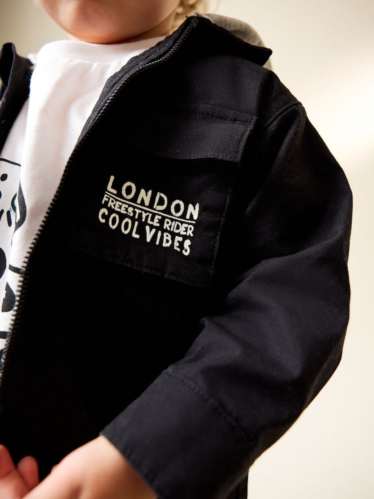 Black Ripstop Twill Hooded Overshirt and T-Shirt Set (3mths-7yrs) - Image 4 of 4 Black Ripstop Twill Hooded Overshirt and T-Shirt Set (3mths-7yrs) - Image 4 of 4