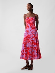 Gap Red Floral Linen Blend Removable Straps Midi Dress - Image 4 of 6