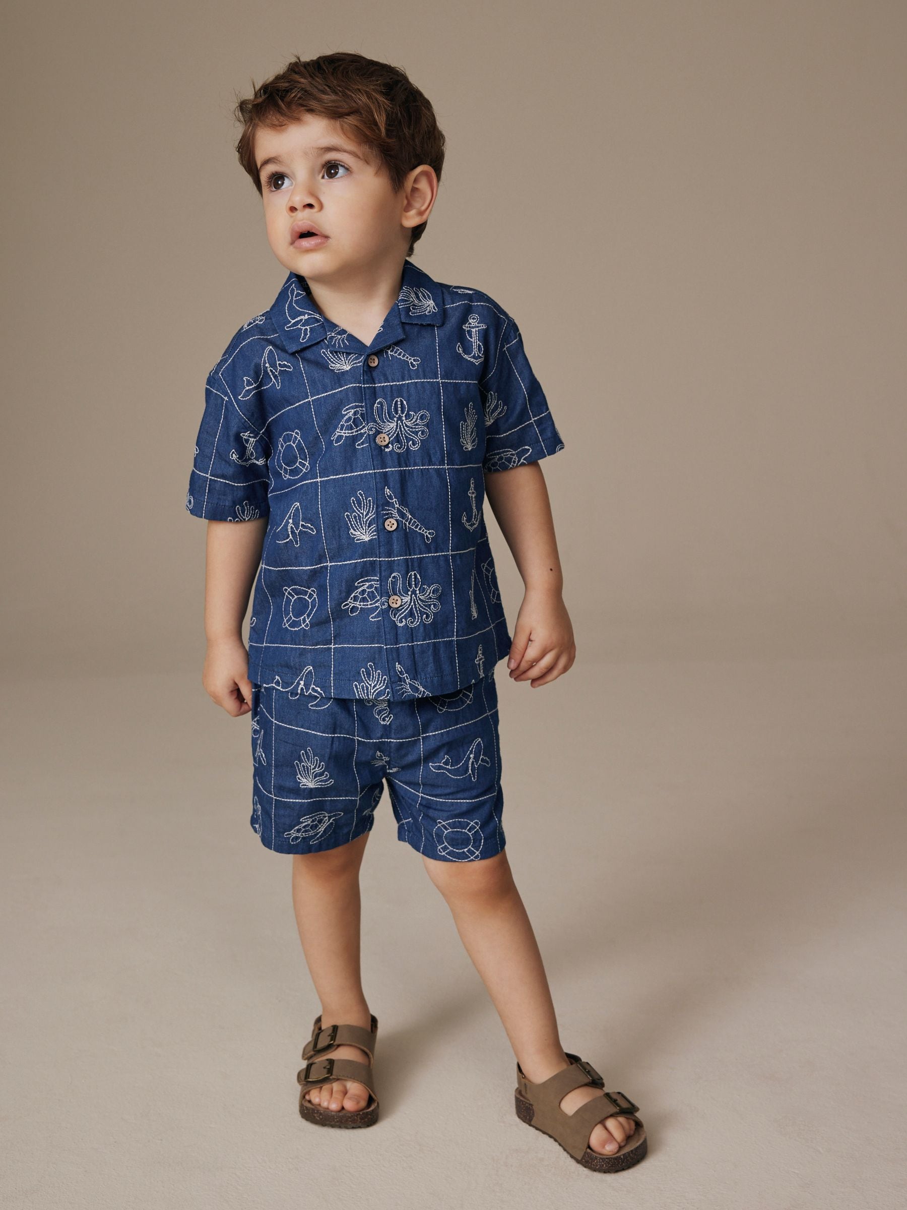 Buy Blue Denim Sea Life Embroidery Short Sleeve Revere Collar