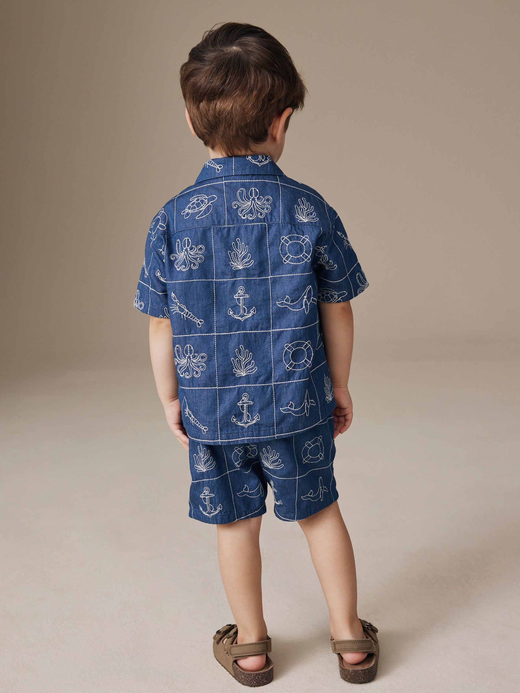 Buy Blue Denim Sea Life Embroidery Short Sleeve Revere Collar