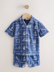 Blue Denim Sea Life Embroidery - Short Sleeve Revere Collar Shirt & Shorts Set (3mths-10yrs) - Attēls 5 no 9