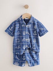 Blue Denim Sea Life Embroidery - Short Sleeve Revere Collar Shirt & Shorts Set (3mths-10yrs) - Attēls 6 no 9