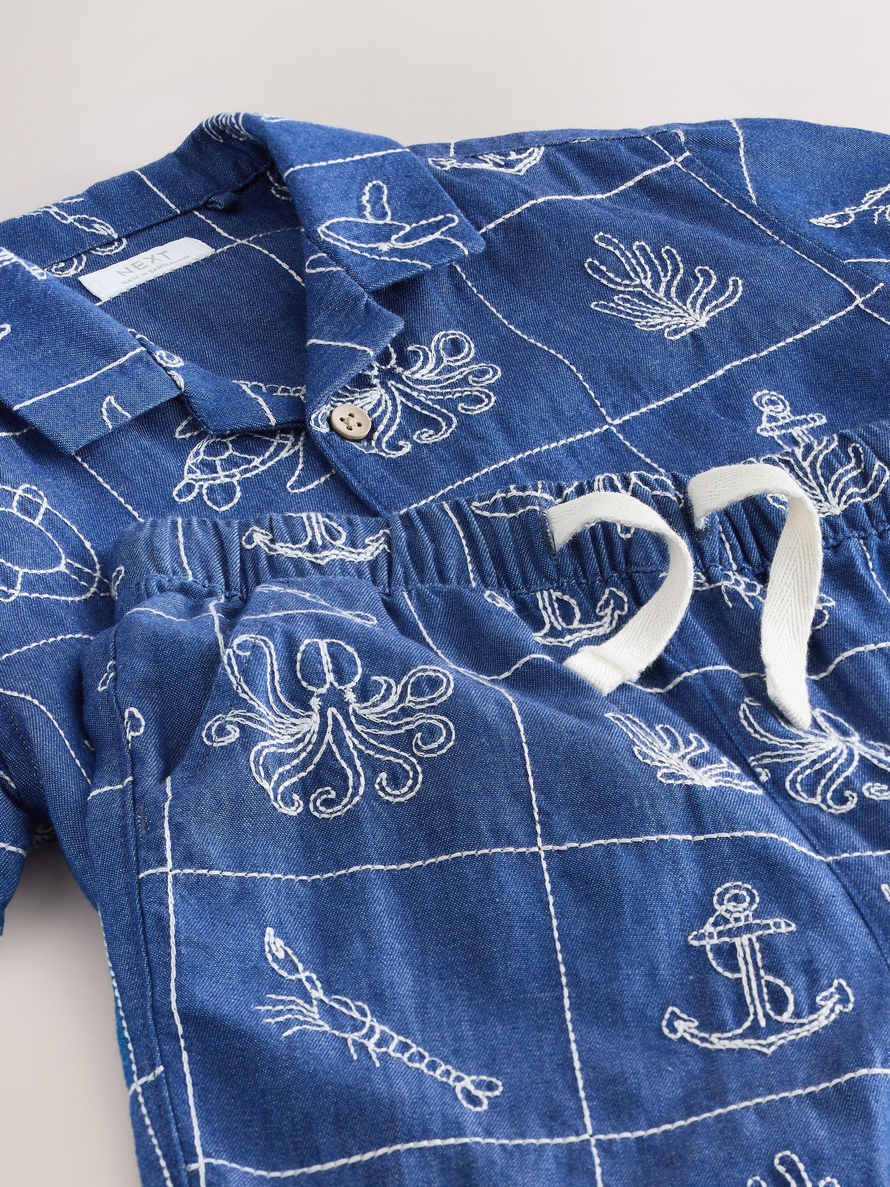 Buy Blue Denim Sea Life Embroidery Short Sleeve Revere Collar