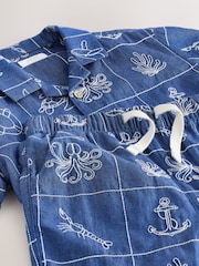 Blue Denim Sea Life Embroidery - Short Sleeve Revere Collar Shirt & Shorts Set (3mths-10yrs) - Attēls 9 no 9