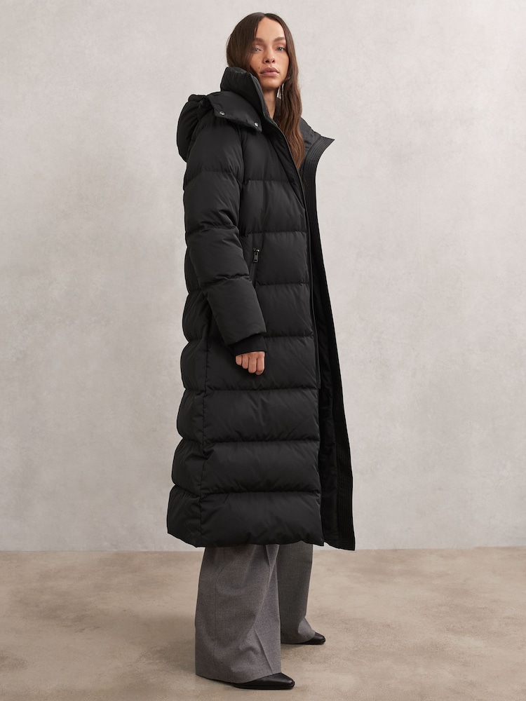 Reiss Black Colette Belted Longline Hooded Puffer Coat - Image 1 of 6 Reiss Black Colette Belted Longline Hooded Puffer Coat - Image 1 of 6