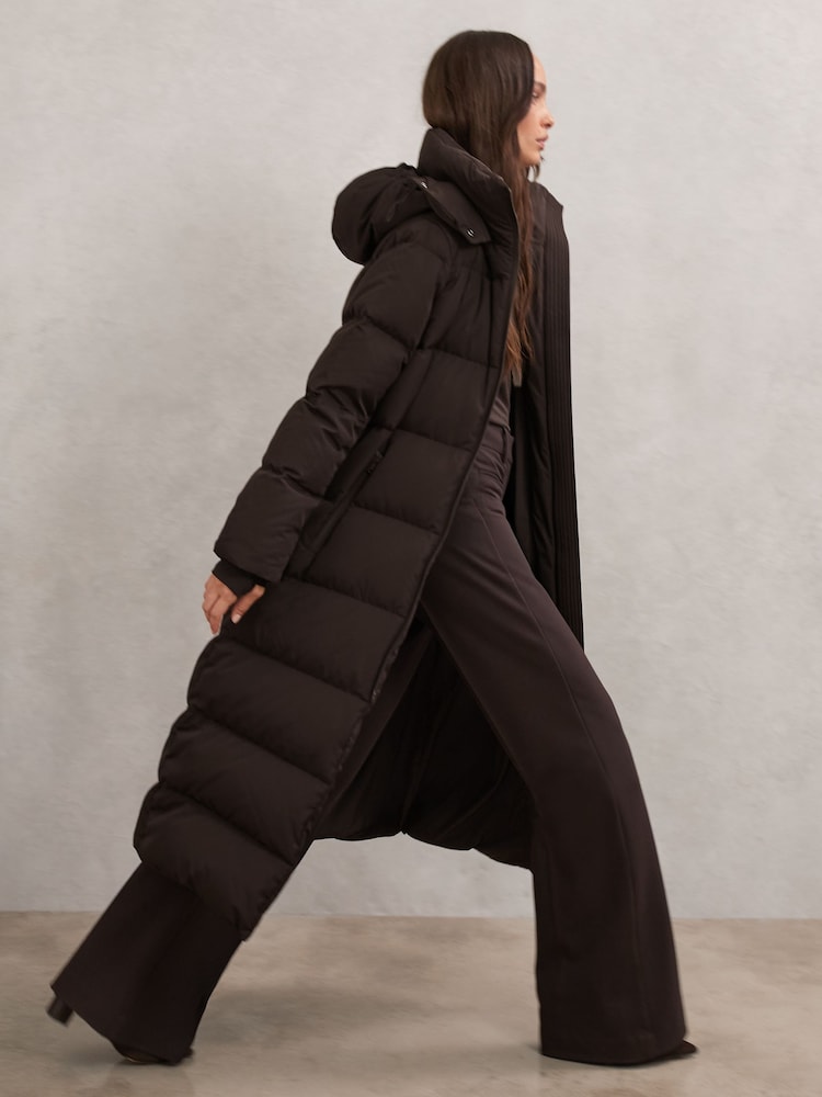 Reiss Chocolate Brown Colette Belted Longline Hooded Puffer Coat - Image 1 of 7 Reiss Chocolate Brown Colette Belted Longline Hooded Puffer Coat - Image 1 of 7