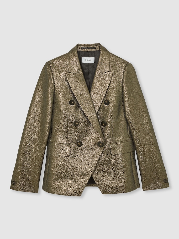 ذهبي - Reiss Sienna Double-Breasted Metallic Suit Blazer with Cotton - صورة 2 من 6 ذهبي - Reiss Sienna Double-Breasted Metallic Suit Blazer with Cotton - صورة 2 من 6