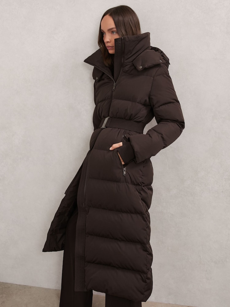 Reiss Chocolate Brown Colette Petite Belted Longline Hooded Puffer Coat - Image 1 of 8 Reiss Chocolate Brown Colette Petite Belted Longline Hooded Puffer Coat - Image 1 of 8