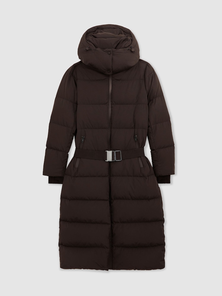 Reiss Chocolate Brown Colette Petite Belted Longline Hooded Puffer Coat - Image 2 of 8 Reiss Chocolate Brown Colette Petite Belted Longline Hooded Puffer Coat - Image 2 of 8
