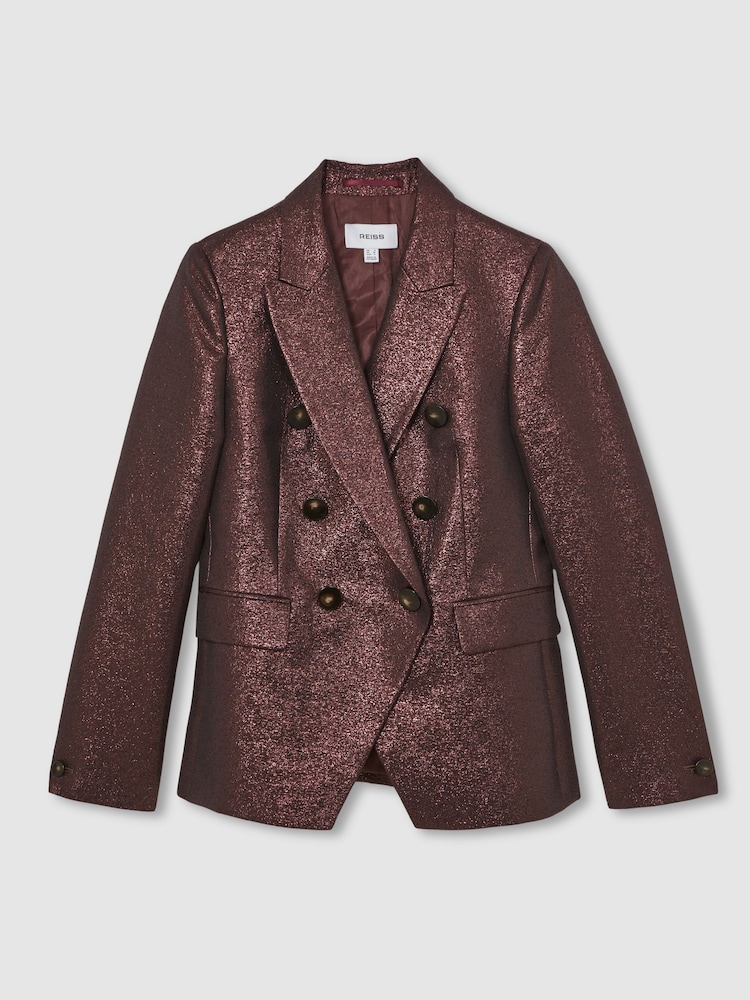 عنابي - Reiss Sienna Double-Breasted Metallic Suit Blazer with Cotton - صورة 2 من 7 عنابي - Reiss Sienna Double-Breasted Metallic Suit Blazer with Cotton - صورة 2 من 7