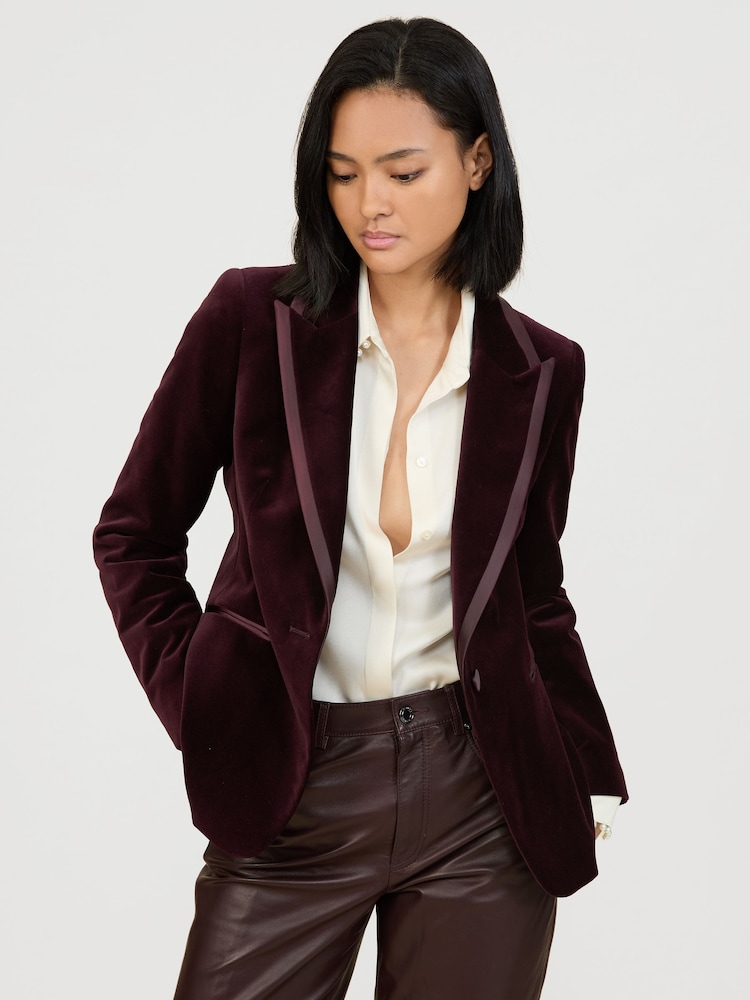 Reiss Burgundy Elia Velvet Single-Breasted Suit Blazer - Image 1 of 7