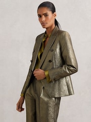 Reiss Gold Sienna Petite Double-Breasted Metallic Suit Blazer with Cotton - Image 1 of 7